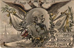 1908 Gott erhalte, Gott beschütze, unsern Kaiser. Viribus Unitis 1908. M. M. S. W. III/2. Jub. 1848-1908. / Franz Joseph's 60th anniversary of reign, Viribus Unitis, patriotic propaganda. Art Nouveau. Fec. Charles Scolik, sen. k.k. Hof. u. Kammerphotograph (EK)