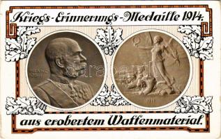 Kriegs-Erinnerungs-Medaille 1914 aus erobertem Waffenmaterial. Modelliert von Neuberger und Hartig / WWI Austro-Hungarian K.u.K. military art postcard, War Memorial Medal made from captured weapon material. Art Nouveau (kis szakadás / small tear)