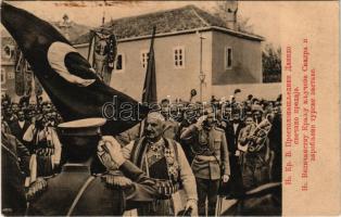 His Royal Highness Crown Prince Danilo solemnly hands over to His Majesty the King (Nicholas I of Montenegro) the keys of Shkodra and the captured Turkish flags (fl)