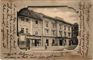 1900 Temesvár, Timisoara; Szent György tér, Lenz J. kávéháza, szállodája és sörcsarnoka, Rosner Márk üzlete, villamos. Polatsek kiadása / square, hotel, beer hall and cafe, tram, shop (fl)
