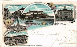 1898 (Vorläufer) Újvidék, Novi Sad; Pétervárad vár, Duna utca, Városháza, Római katolikus templom, Ferenc József tér / Donaugasse, Festung Peterwardein, Rathaus, R. kath. Kirche, Franz Josef-Platz / Petrovaradin castle, street view, town hall, Catholic church, square. Kunstanstalt Karl Schwidernoch Art Nouveau, floral, litho (szakadások / tears)