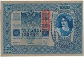 Ausztria 1919(1902) 1000K, függőleges "DEUTSCHÖSTERREICH" felülbélyegzéssel, "1615 37610" mindkét oldal német T:XF,VF Austria 1919(1902) 1000 Kronen, with vertical "DEUTSCHÖSTERREICH" overprint, "1615 37610" both sides in German C:XF,VF Krause P#58