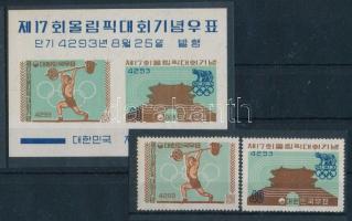 South-korea; 1960 Summer olympics set Mi 307-308 + block Mi 148, Dél-Korea; 1960 Nyári olimpiai játékok sor Mi 307-308 + blokk Mi 148