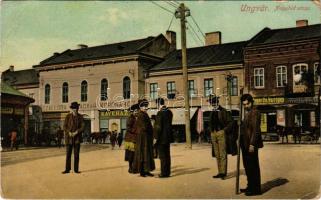 Ungvár, Uzshorod, Uzhhorod, Uzhorod; Nagyhíd utca, Szálloda a Magyar Koronához, kávéház, Singer Co. varrógép, Rosenfeld Gusztáv, Walkovits Markusz, Lévai Mór üzlete / street view, hotel and café, shops (EB)