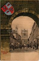 Jihlava, Iglau; Frauentor / city gate, shops. Leopold Pollak, Art Nouveau litho frame with coat of arms (r)