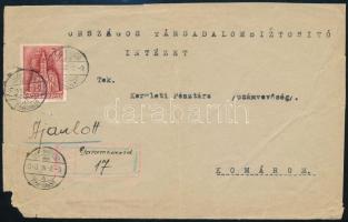 1940 Ajánlott levél szükségragjeggyel "GARAMKÖVESD" - Komárom