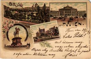 1899 (Vorläufer) Wien, Vienna, Bécs; Radetzky Denkmal, Nordbahnhof, K.k. Hofburg-Theater, Elisabethbrücke, Karlskirche. Kunsanstalt Rosenblatt, S. Weber / monument, theatre, bridge, railway station. Art Nouveau, floral, litho (EM)