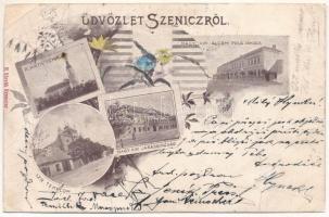 1899 (Vorläufer) Szenice, Szenicz, Senitz, Senica; Római katolikus templom, M. kir. állami polgári iskola, Izraelita templom, zsinagóga, M. kir. Járásbíróság. H. Slovák kiadása, szecessziós-virágos keret / Catholic church, school, synagogue, district court. Art Nouveau, floral frame (r)