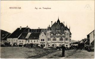 1915 Segesvár, Schässburg, Sighisoara; Evangélikus templom, Josef Girscht üzlete, gyógyszertár, piac / Lutheran church, shops, pharmacy, market (EK)