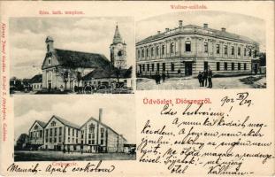 1902 Diószeg, Magyardiószeg, Diosek, Sládkovicovo; Római katolikus templom, Wollner szálloda és vendéglő, cukorgyár. Karsay József kiadása, Kővári S. fényképész felvétele (Galánta) / Catholic church, hotel and restaurant, sugar factory (EK)