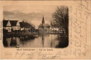 1902 Székelyfalva, Szekula, Sekule; Tópart, templom. Wiesner Alfred kiadása (Malacka) / lakeside, church