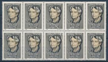 1964 Eleanor Roosevelt 2Ft bélyeg 10-es tömbben, benne 2 bélyegen átmenő fehér csík lemezhiba