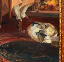 László Katalin (-): Ketten. Olaj, fatábla. Jelezve jobbra lent. 50x40 cm. Dekoratív fakeretben