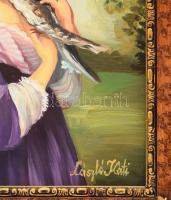 László Katalin (-): Nő madárral. Olaj, farost. Jelezve jobbra lent. 24x18 cm. Dekoratív fakeretben