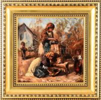 Kassai Károly (1961-): Mosónők, 1997. Olaj, farost. Dekoratív, kissé kopott fakeretben. 30×30 cm