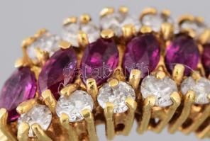 Arany (Au) gyűrű, m: 50, 14k, 12 darab cca 0,05ct gyémánt, illetve 7 darab rubin berakással, jelzett...