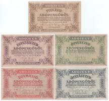 1946. 10.000AP sorszámmal vízjeles papíron + 50.000AP fehér papíron, hátlapi szövegben ékezethiányok + 100.000AP sorszám nélkül vízjeles papíron + 500.000AP fehér papíron + 1.000.000AP hatszámjegyű sorszámmal vízjeles papíron, fordított címerrel T:F, pici szakadások
