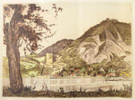 Zádor István (1882-1963): Visegrád. Színezett rézkarc, papír, jelzett. Hajtásnyomokkal. 25×34,5 cm