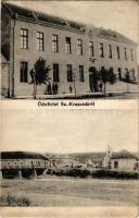 1907 Kraszna, Sz.-Kraszna, Crasna (Szilágy megye); M. kir. állami iskola, Fő tér, híd. Demjén Ákos kiadása / school, main square, bridge (EK)