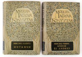 Modern Magyar Könyvtár sorozat 2 kötete (Herczeg Ferenc munkái): Herczeg Ferenc: Andor és András. Budapesti történet.; Mutamur. 26 elbeszélés. Bp., é.n. (cca 1910), Singer és Wolfner, 205+(3) p.; 239+(1) p. Kiadói dekoratív, aranyozott, festett egészvászon sorozatkötés, kissé viseltes, kopottas borítókkal, kissé sérült gerinccel, az egyik kötetben ex libris-szel.