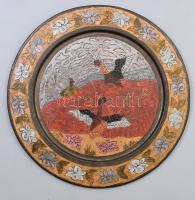 Régi zománcozott kacsamintás réz dísztál, d: 25 cm