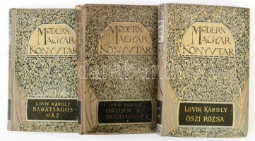 Modern Magyar Könyvtár sorozat 3 kötete (Lovik Károly munkái): Lovik Károly: Őszi rózsa.; Okosok és bolondok.; Egy barátságos ház története. Bp., é.n. (cca 1910), Singer és Wolfner, 205+(3) p.; 239+(1) p. Kiadói dekoratív, aranyozott, festett egészvászon sorozatkötés, változó állapotban, kissé viseltes, kopottas borítókkal, az egyik kötet sérült gerinccel.