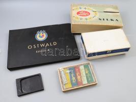 Doboznyi festő, restaurátor tétel, selyemfesték készlet, kínai tus szett, tusreszelő tál, keverőtálkák, kis doboznyi rajzszén és rajzkréta, színtábla.