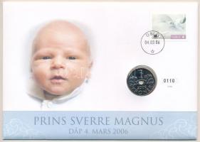 Norvégia 2006. 5K Cu-Ni, számozott, felbélyegzett "Sverre Magnus norvég herceg" borítékban, bélyegzéssel (0110/9000) T:UNC Norway 2006. 5 Kroner Cu-Ni in numbered "Prins Sverre Magnus" envelope, with stamp and cancellation (0110/9000) C:UNC
