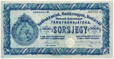 1925. Budapest "Hadirokkantak, Hadiözvegyek, Hadiárvák Nemzeti Szövetsége Tárgysorsjátéka" sorsjegy 5000K-ról, szárazpecséttel, "A 62391" sorszámmal T:XF / Hungary / Budapest 1925. "Hadirokkantak, Hadiözvegyek, Hadiárvák Nemzeti Szövetsége Tárgysorsjátéka (Lottery Game of the National Association of Veterans, War Widows, and War Orphans)" lottery ticket about 5000 Korona, with embossed stamp, with "A 62391" serial number C:XF