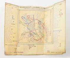 1932 Egyesített Fővárosi Autóbuszüzem - A belterületi járatok átszállóhelyeinek feltüntetése. Kézzel rajzolt és színezett térkép 41x34 cm