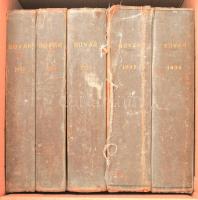 1936-1941 A Búvár c. tudományos folyóirat teljes évfolyamai (1936., 1937., 1939., 1940., 1941.), 5 kötet. Szerk.: Cavallier József. Számos érdekes írással, fekete-fehér képekkel, reklámokkal. Félvászon-kötésben, változó állapotban, kissé viseltes borítókkal, helyenként kissé foltos, sérült lapokkal.