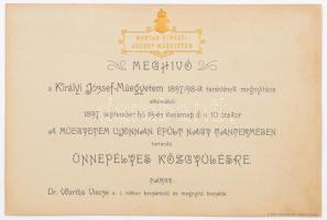 1897 Meghívó a Magyar Királyi József-Műegyetem 1897/98-ik tanévének megnyitása alkalmából. aranyozott, dombronyomott címer díszítéssel 22x15 cm