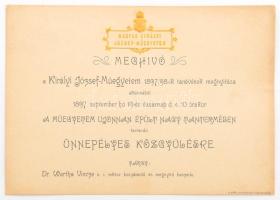 1897 Meghívó a Magyar Királyi József-Műegyetem 1897/98-ik tanévének megnyitása alkalmából. aranyozott, dombronyomott címer díszítéssel 22x15 cm