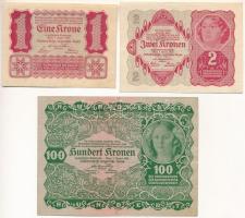 Ausztria 1922. 1K + 2K + 100K T:AU,XF Austria 1922. 1 Krone + 2 Kronen + 100 Kronen C:AU,XF Krause P#73, P#74, P#77
