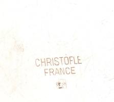 Christofle ezüstözött kínáló, üvegbetéttel, jelzett, kis kopással, d:12 cm, m: 6,5 cm