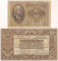 Hollandia 1938. 1G "Zilverbonnen (Ezüstértékű bankjegyek)" + Olaszország 1939. 5L T:F,VG, kereszthajtásnál szakadás Netherlands 1938. 1 Gulden "Zilverbonnen (Silver notes)" + Italy 1939. 5 Lire C:F,VG, tear at the middle cross Krause P#27, P#61