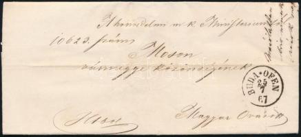 1867 Ex offo "BUDA*OFEN" -Magyar Óvár, 1867 Ex offo a Honvédelmi Minisztériumtól teljes tartalommal "BUDA*OFEN" -Magyar Óvár