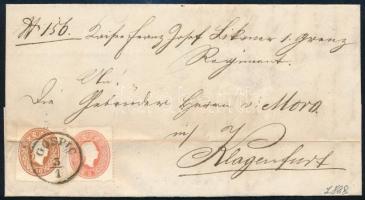 1862 5kr + 10kr with registration fold on cover with full content, "GOSPIC" - Klagenfurt, 1862 5kr + 10kr regiszterhajtással teljes tartalmú levélen "GOSPIC" - Klagenfurt