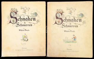 Wilhelm Busch: Schnaken &amp; Schnurren. Teil I &amp; II. Eine Sammlung humoristischer kleiner Erzählungen in Bildern. Munich, én., Braun &amp; Schneider, 31 p.; 33 p. Német nyelven. Kiadói kartonált papírkötés, kopott, foltos borítókkal, az I. kötet sérült gerinccel, kissé foltos lapokkal, az I. kötetben 2 kijáró lappal.
