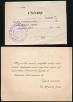 1909-1923 Utalvány a nemzetgyűlés ülésére + köszönőkártya királyi kitüntetésre