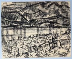 Batári László (1920-1997): Vízparti táj (Duanakanyar?). Szén, papír. Jelezve jobbra lent. 43×53 cm