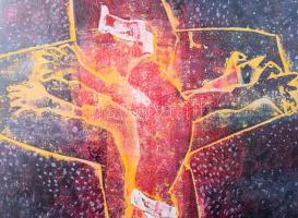 Tenk László (1943- ): Krisztus a kereszten, 1970-es évek. Monotípia, karton, jelezve balra lent, pap...