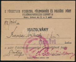 1945 Egerlövő, a Független Kisgazdapárt igazolványa