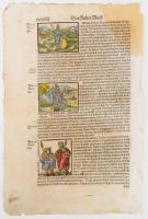 Domitinanus, Traianus, Hadrianus, Antonius Pius, Marcus Aurelius római császárok életét bemutató lap a Hartmann Schedel krónikából. 1493. Színezett fametszet 5 db képpel. Hartmann Schedel (1440-1510) Lap méret 22x35 cm