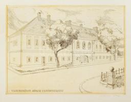 László Ákos (1940-): Hajdúkerületi székház, Hajdúböszörmény. Rézkarc, papír, jelezve jobbra lent, lapszéli gyűrődésekkel és apró elszíneződéssel, 29x39,5 cm