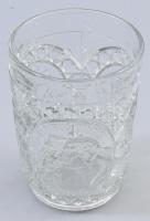 1915 I. világháborús propaganda üvegpohár, II. Vilmos császár és I. Ferenc József arcképével díszítve, kis pattogzással, m: 9,5 cm