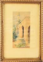 Salvatore Civiletti, működött a XIX. sz. második felében, XX. sz. első felében: Arab városrészlet emberekkel. Akvarell, papír, jelezve jobbra lent. Üvegezett, dekoratív fakeretben. 24x11 cm
