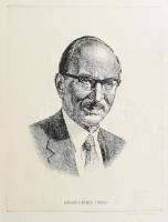 Jurida Károly (1935-2009): Gábor Dénes portréja. Rézkarc, papír, jelzett, elszíneződésekkel, lapszéli apró gyűrődésekkel, 39×29,5 cm