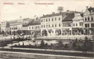 Eperjes main street with the Rákóczi house, the Court Palace, the Paris warehouse and the Turul house