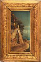 Jelzés nélkül, XIX. sz. vége/XX. sz. eleje (Andrea Cherubini?): Capri utcarészlet. Olaj, fatábla. Antik, korabeli fakeretben, hátoldalán Magyar Postatakarékpénztár Árverési Csarnok raglappal. 31,5x17 cm